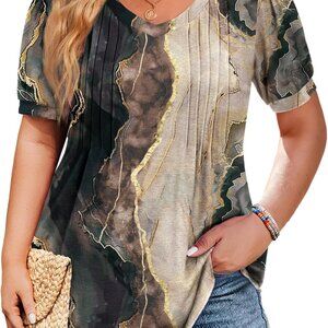 Plus Size Tops for Women Summer Puff Short Sleeve Tunic Pleated V Neck Shirts Ca